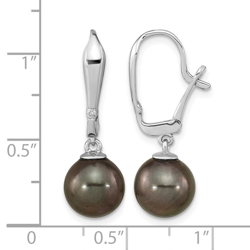 14K WG 9-10mm Round Black Saltwater Tahitian Pearl .02ct Dia. Dangle Earrin