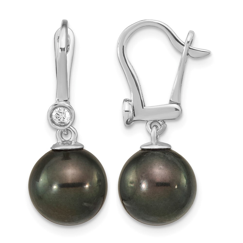 14K White Gold 9-10mm Round Black Saltwater Tahitian Pearl .10ct Dia. Dang