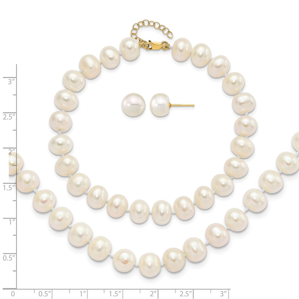 14K 8-9mm Near Rnd FWC Pearl Earring w/1in ext Bracelet w/2in Necklace Set