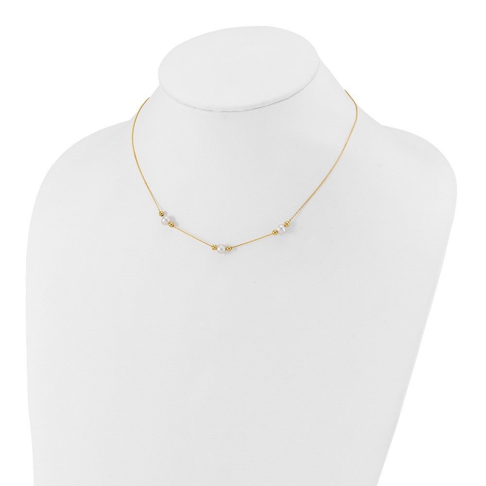 14K Polished FWC Pearl and Bead 3 Station 16in w/2 in ext. Necklace