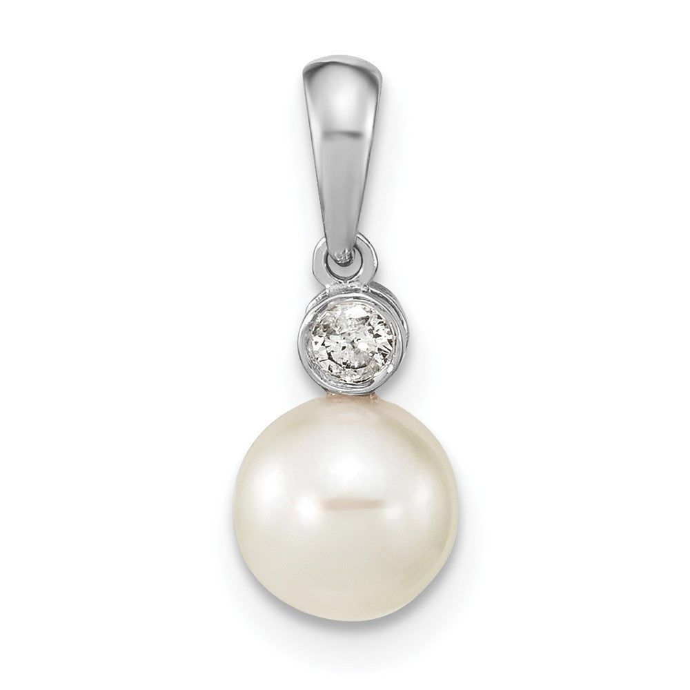 14K White Gold 6-7mm Round White Saltwater Akoya Pearl .05ct. Dia. Pendant