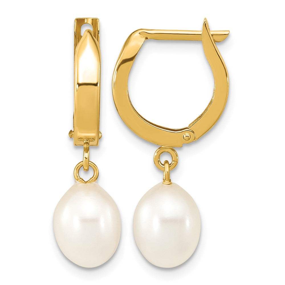 14K 6-7mm Rice White FWC Pearl Hoop Dangle Earrings