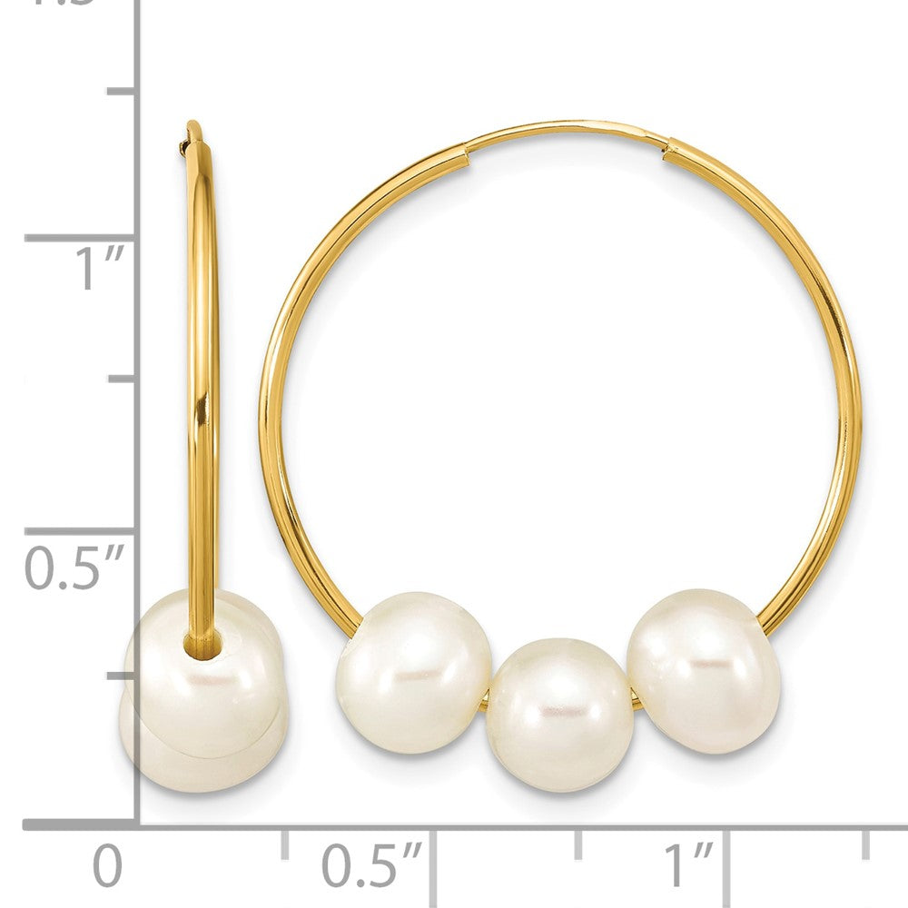 14K 6-7mm Semi-round White FWC Pearl Hoop Dangle Earrings