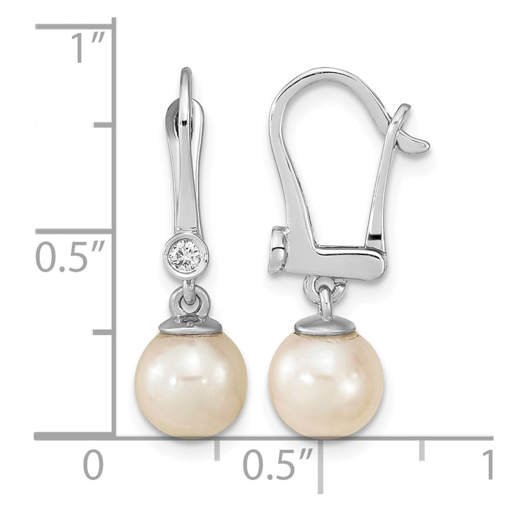 14K White Gold 7-8mm Round White Saltwater Akoya Pearl .05ct Dangle Earring