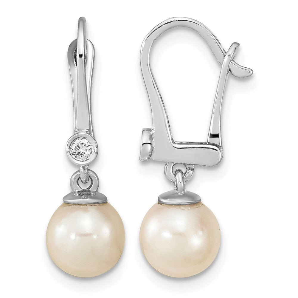14K White Gold 7-8mm Round White Saltwater Akoya Pearl .05ct Dangle Earring