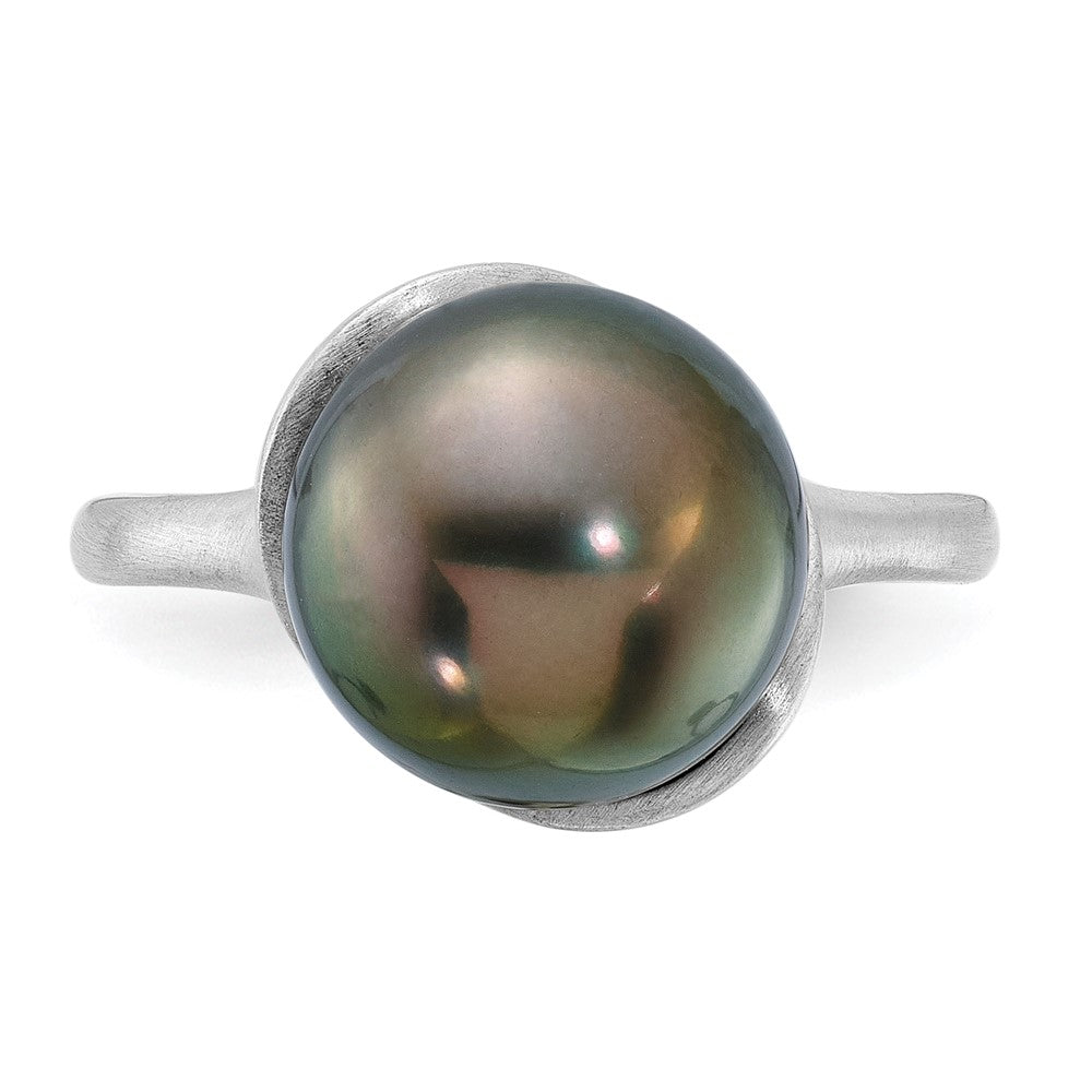 14K White Gold Brushed 10-11mm Round Black Tahitian Pearl Ring
