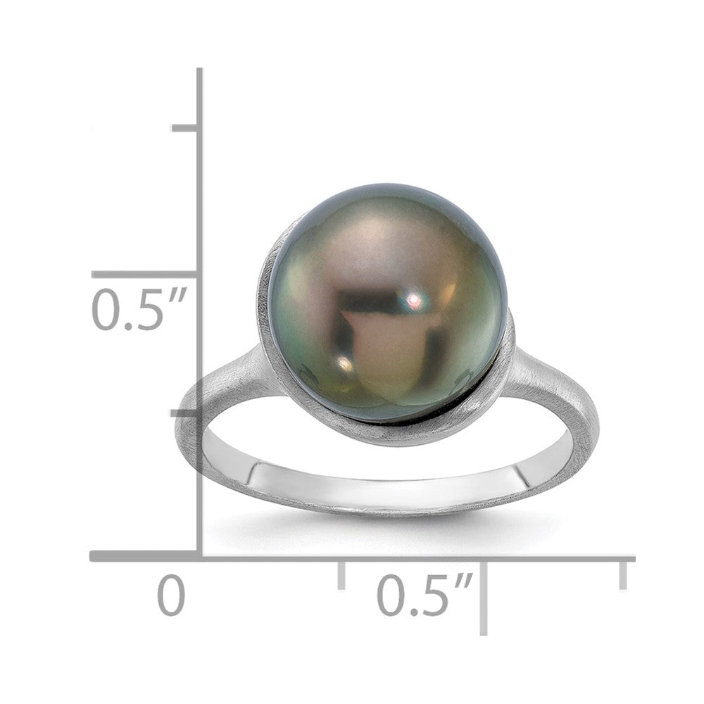 14K White Gold Brushed 10-11mm Round Black Tahitian Pearl Ring