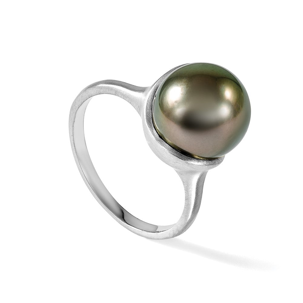 14K White Gold Brushed 10-11mm Round Black Tahitian Pearl Ring