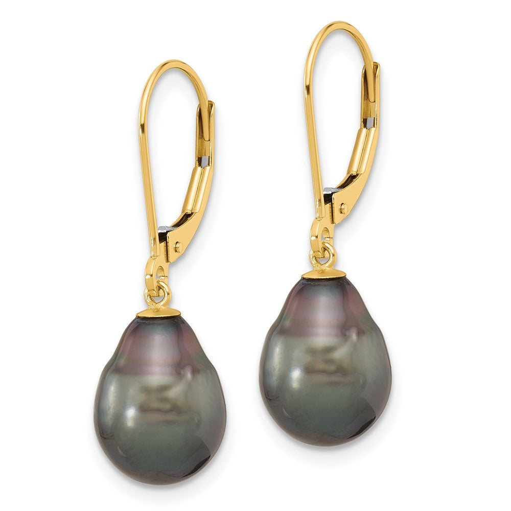 14K 8-9mm Teardrop Blk Saltwater Tahitian Pearl Leverback Earrings