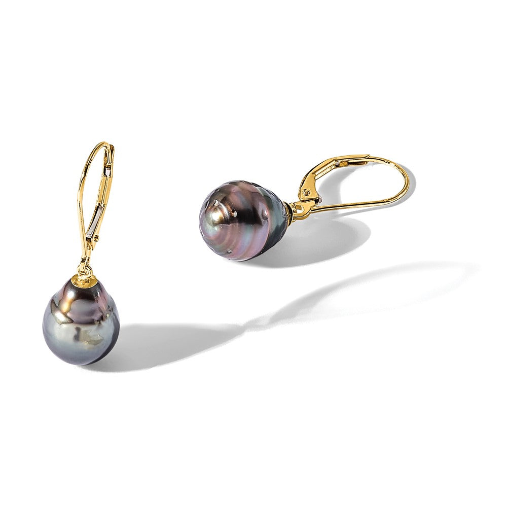 14K 8-9mm Teardrop Blk Saltwater Tahitian Pearl Leverback Earrings