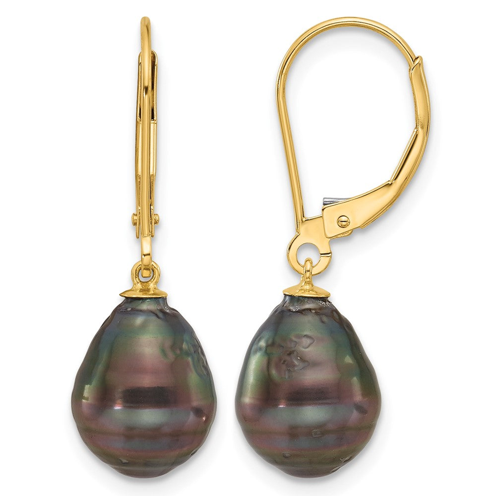 14K 8-9mm Teardrop Blk Saltwater Tahitian Pearl Leverback Earrings