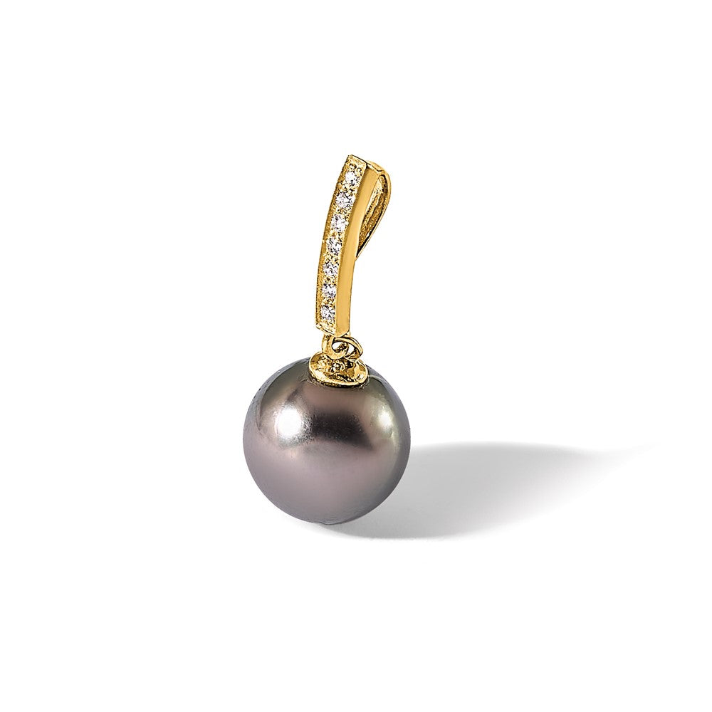 14K 10-11mm Round Blk Tahitian Pearl .07ct Diamond Dangle Chain Slide