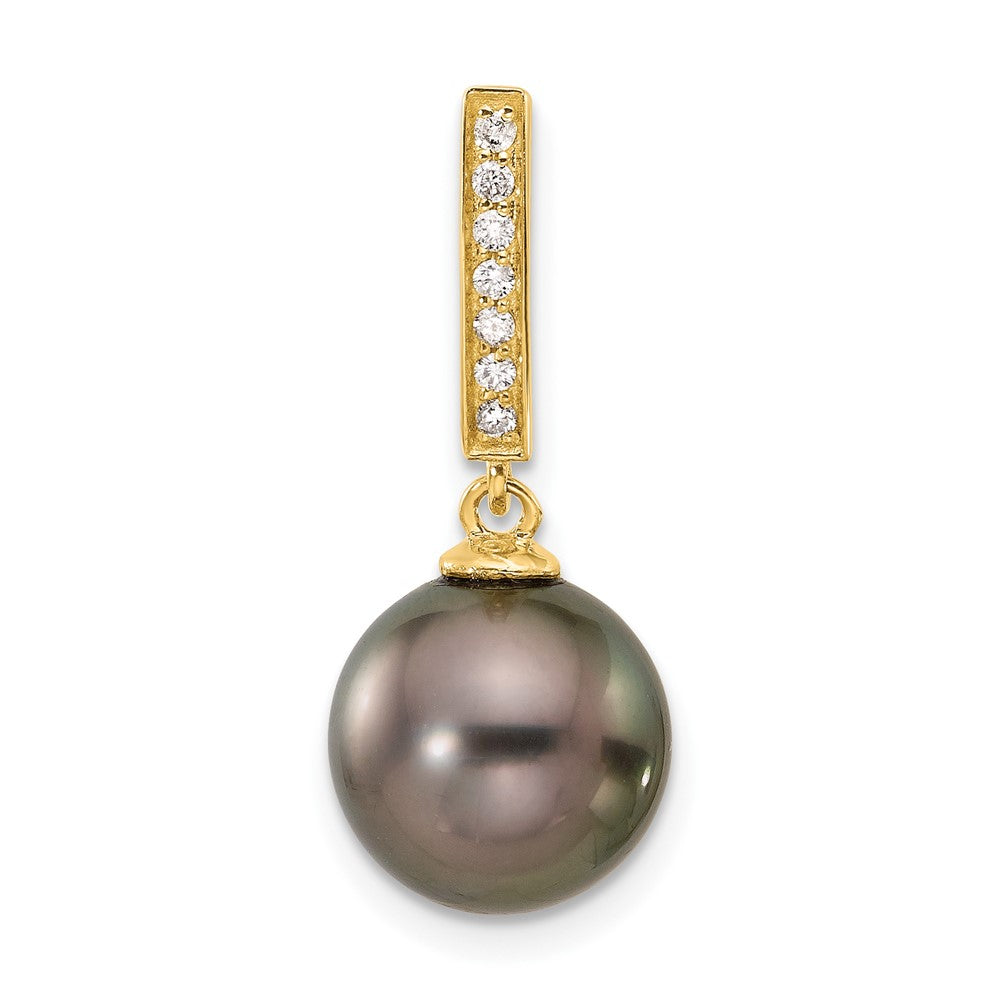 14K 10-11mm Round Blk Tahitian Pearl .07ct Diamond Dangle Chain Slide