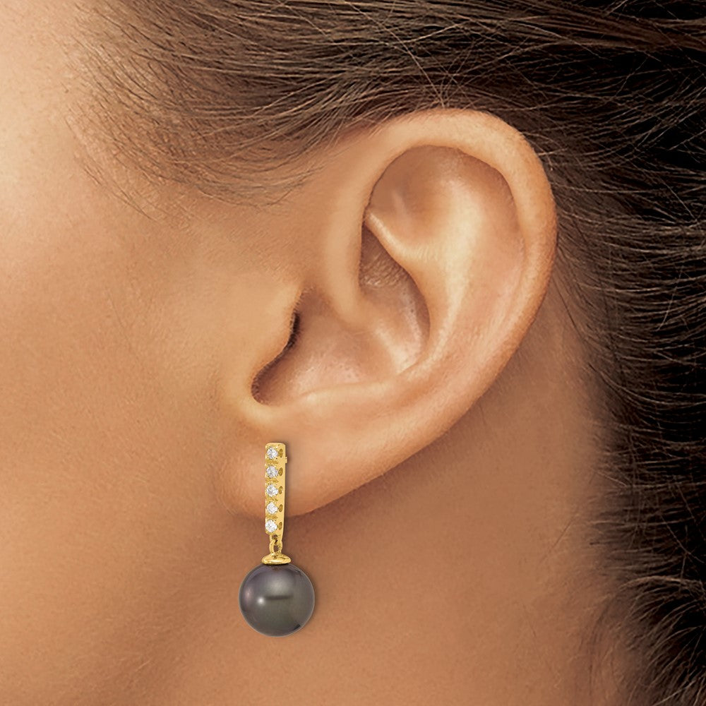 14K 9-10mm Round Black Tahitian Pearl and .20ct Dia Post Dangle Earrings