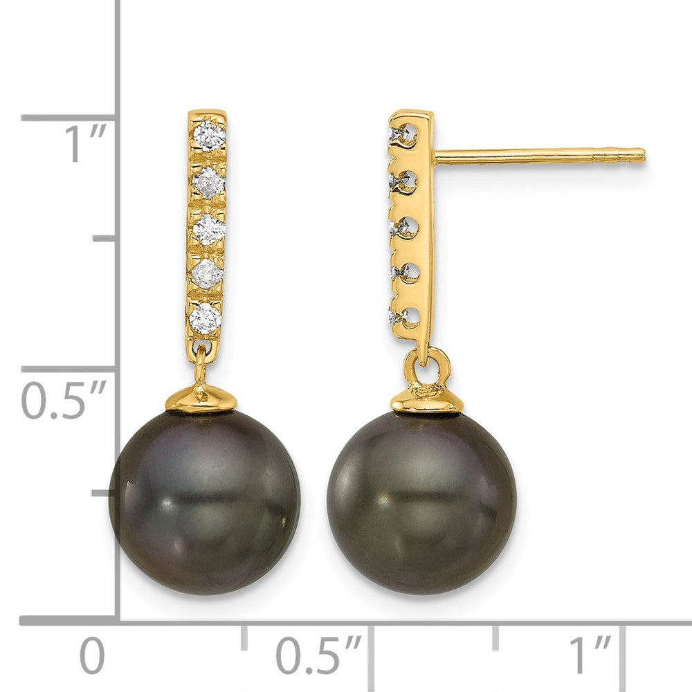 14K 9-10mm Round Black Tahitian Pearl and .20ct Dia Post Dangle Earrings