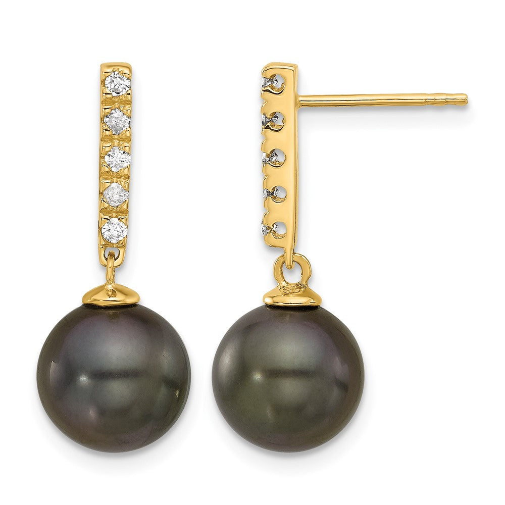 14K 9-10mm Round Black Tahitian Pearl and .20ct Dia Post Dangle Earrings