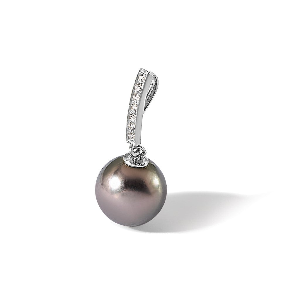 14K White Gold 10-11mm Black Tahitian Pearl .07ct Dia Dangle Chain Slide