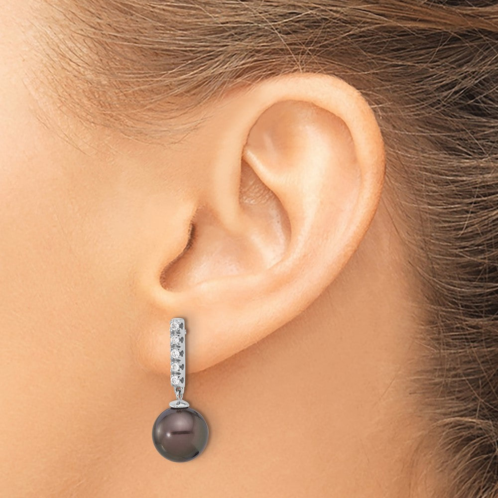 14K White Gold 9-10mm Round Black Tahitian Pearl .20ct Dia Earrings