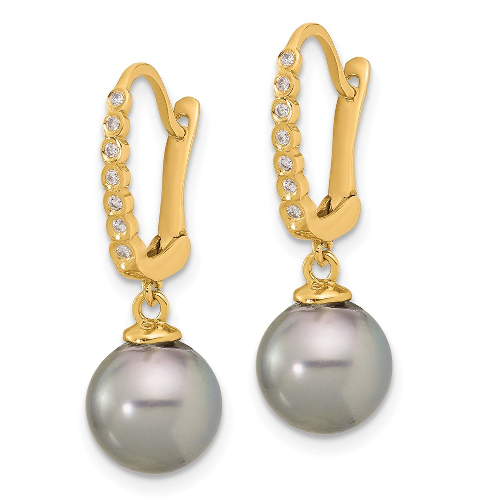 14K 8-9mm Round Black Tahitian Pearl and .07ct Diamond Dangle Earrings