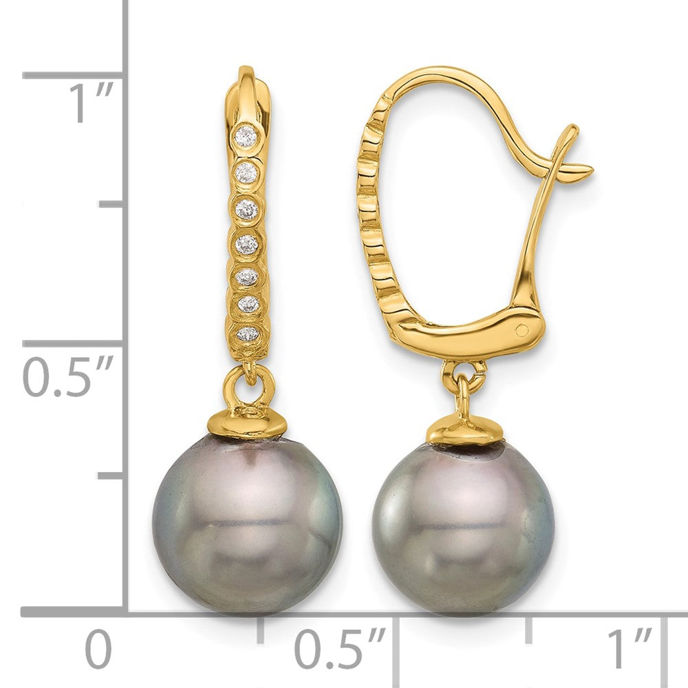 14K 8-9mm Round Black Tahitian Pearl and .07ct Diamond Dangle Earrings
