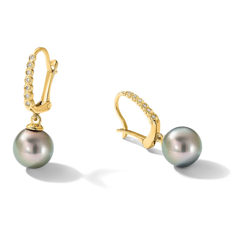 14K 8-9mm Round Black Tahitian Pearl and .07ct Diamond Dangle Earrings