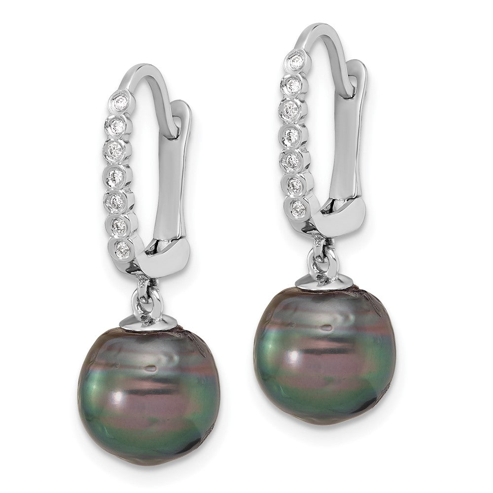 14K White Gold 9-10mm Round Black Tahitian Pearl and .07ct Dia Earrings