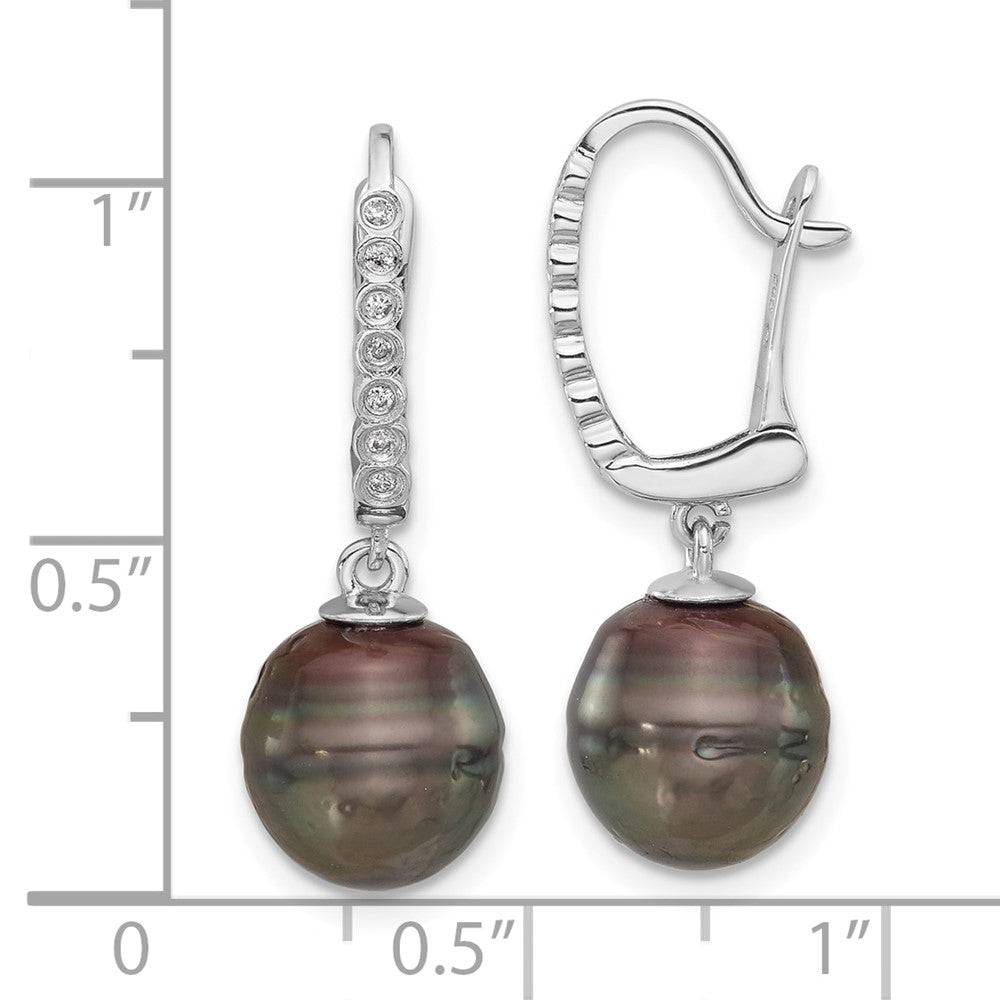 14K White Gold 9-10mm Round Black Tahitian Pearl and .07ct Dia Earrings