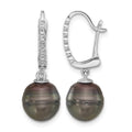 14K White Gold 9-10mm Round Black Tahitian Pearl and .07ct Dia Earrings