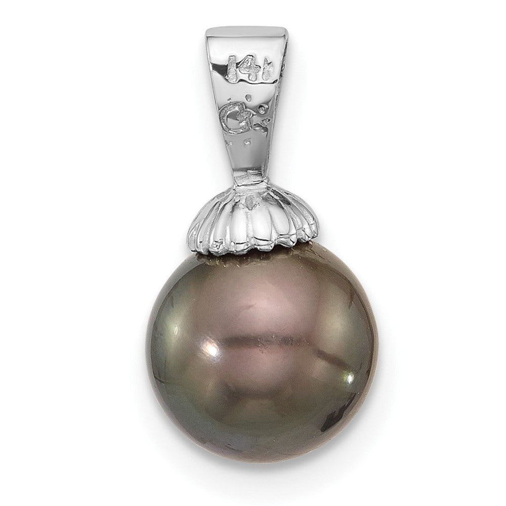 14K White Gold 8-9mm Round Black Tahitian Pearl Pendant