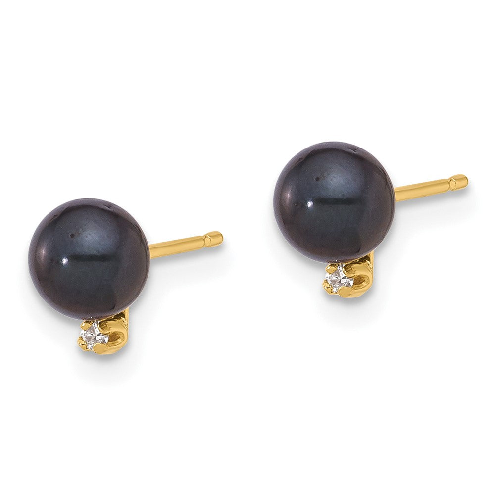 14K 5-6mm Round Blk Saltwater Akoya Pearl and .02ct Diamond Earrings