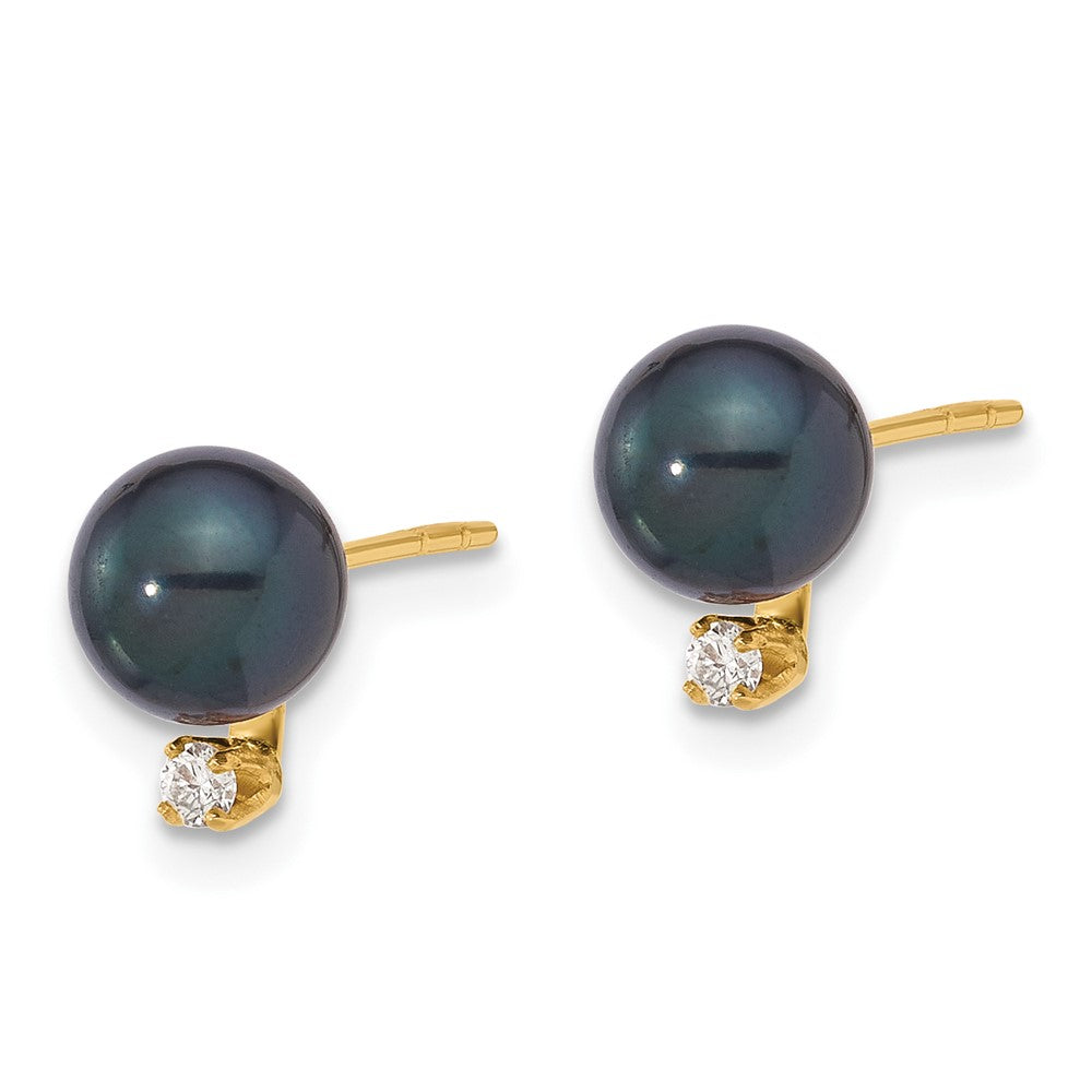 14K 6-7mm Round Black Akoya Pearl and .06ct Diamond Post Earrings