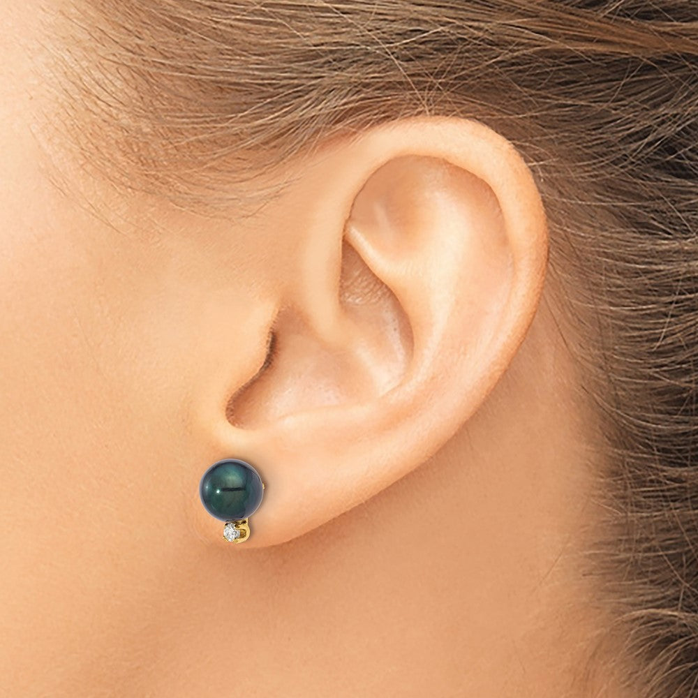 14K 7-8mm Round Black Akoya Pearl and .10ct Diamond Post Earrings