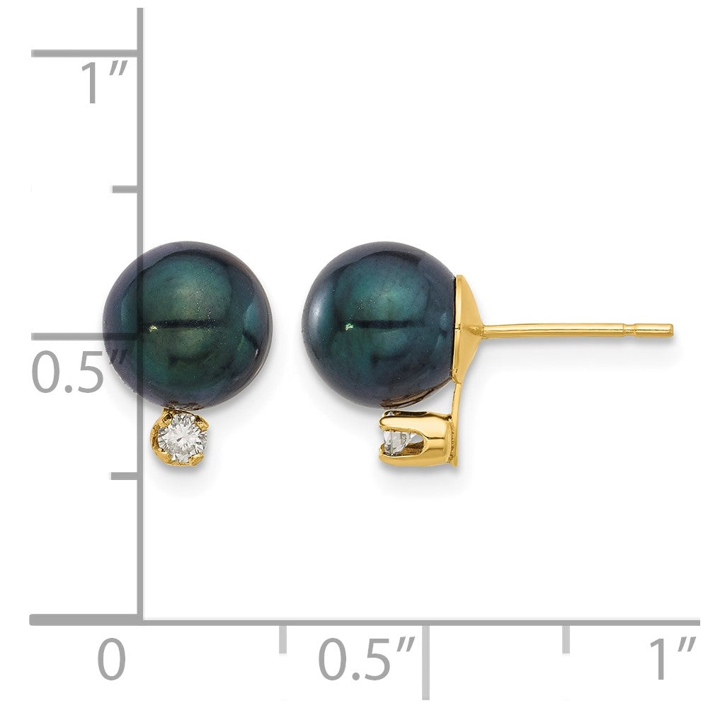 14K 7-8mm Round Black Akoya Pearl and .10ct Diamond Post Earrings