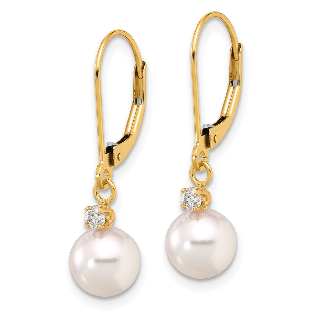 14K 7-8mm Round White Akoya Pearl .10ct Dia Dangle Leverback Earrings