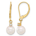 14K 7-8mm Round White Akoya Pearl .10ct Dia Dangle Leverback Earrings