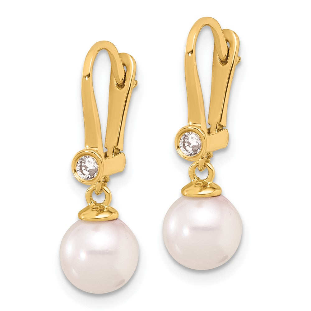 14K 7-8mm Round White Akoya Pearl and .10ct Diamond Dangle Earrings