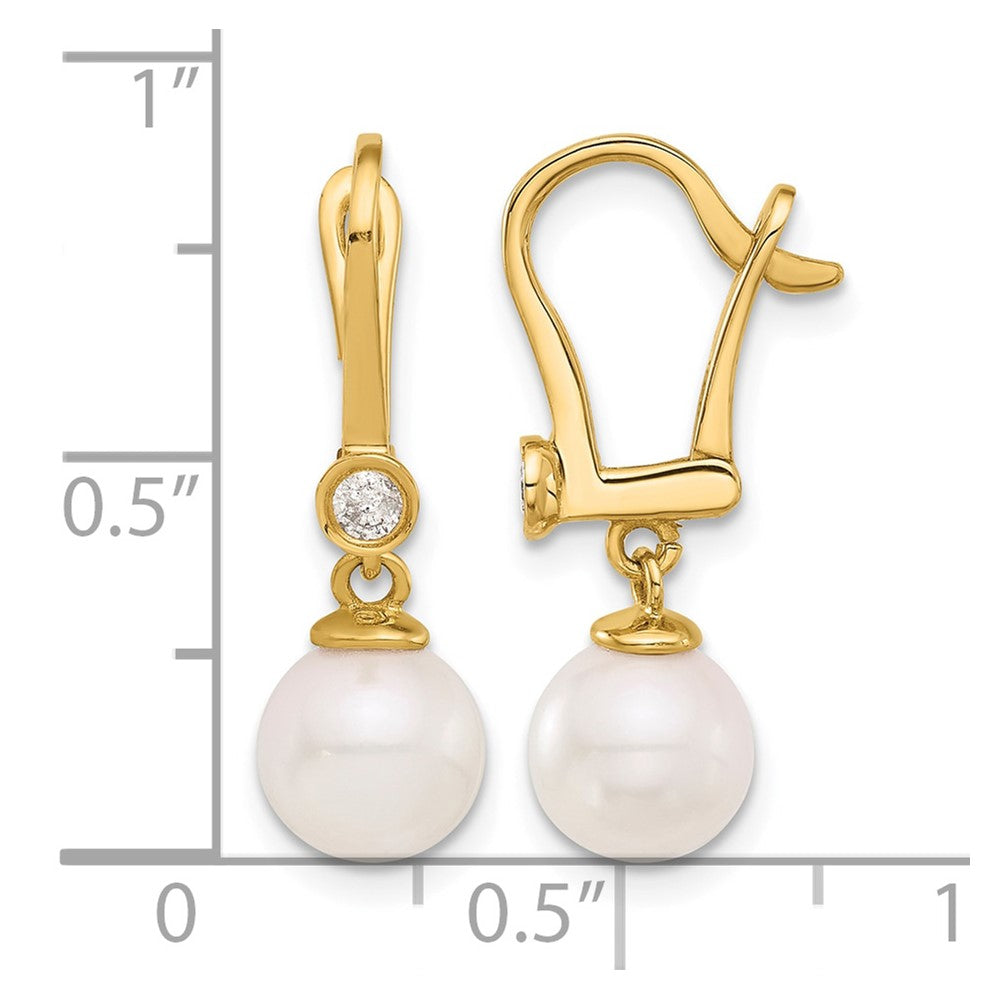 14K 7-8mm Round White Akoya Pearl and .10ct Diamond Dangle Earrings