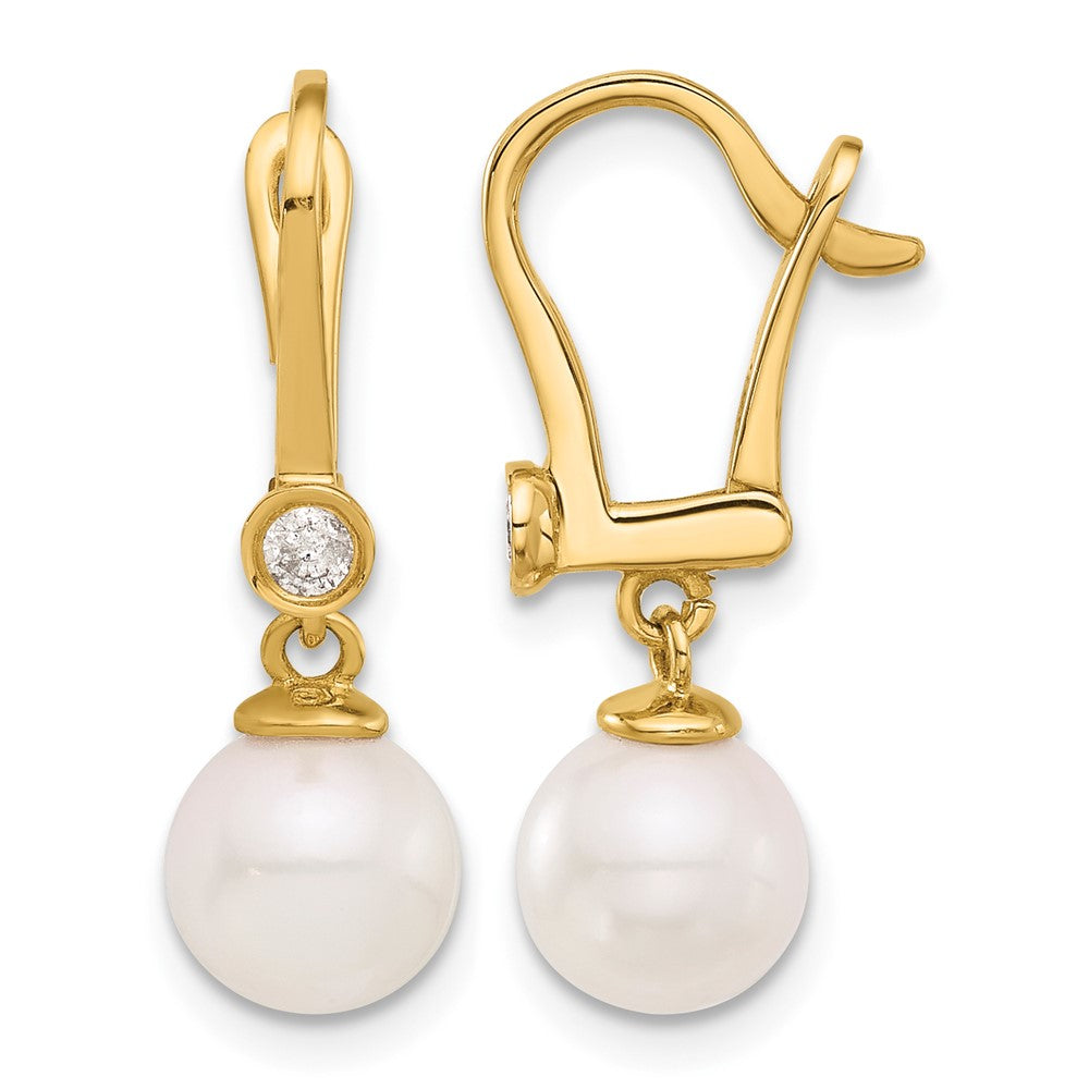 14K 7-8mm Round White Akoya Pearl and .10ct Diamond Dangle Earrings