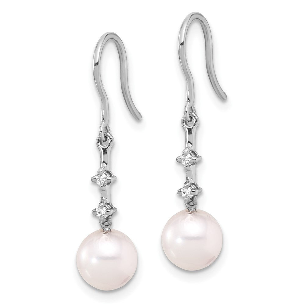14K White Gold 7-8mm Wht Akoya Pearl .04ct Dia Shepherd Hook Earrings