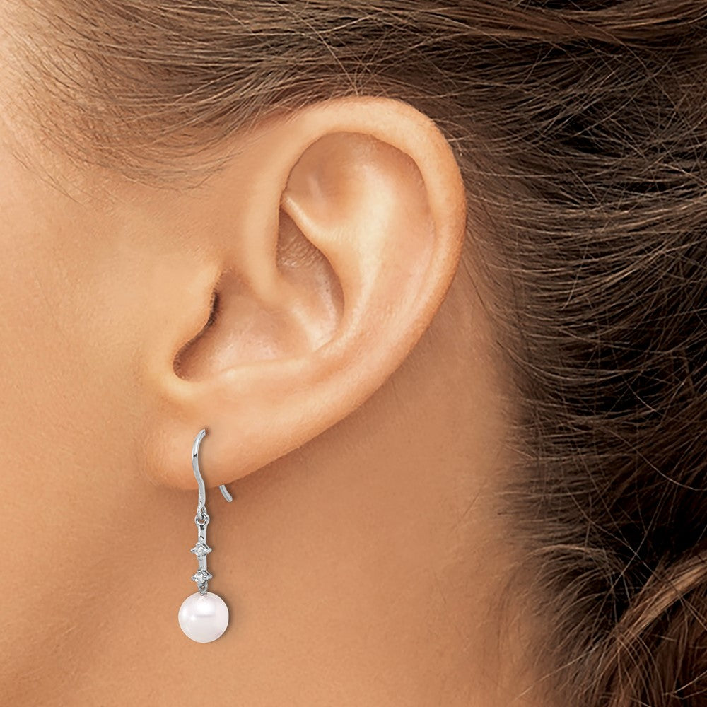 14K White Gold 7-8mm Wht Akoya Pearl .04ct Dia Shepherd Hook Earrings