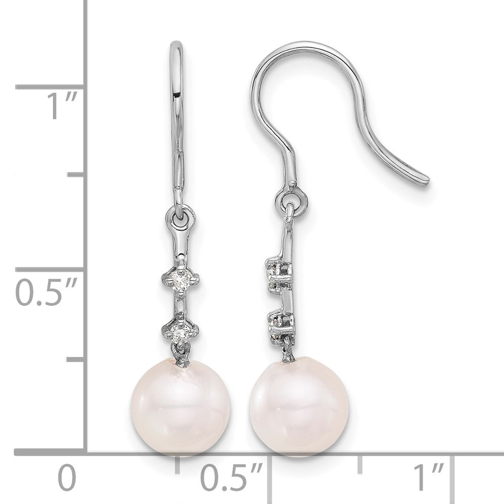 14K White Gold 7-8mm Wht Akoya Pearl .04ct Dia Shepherd Hook Earrings