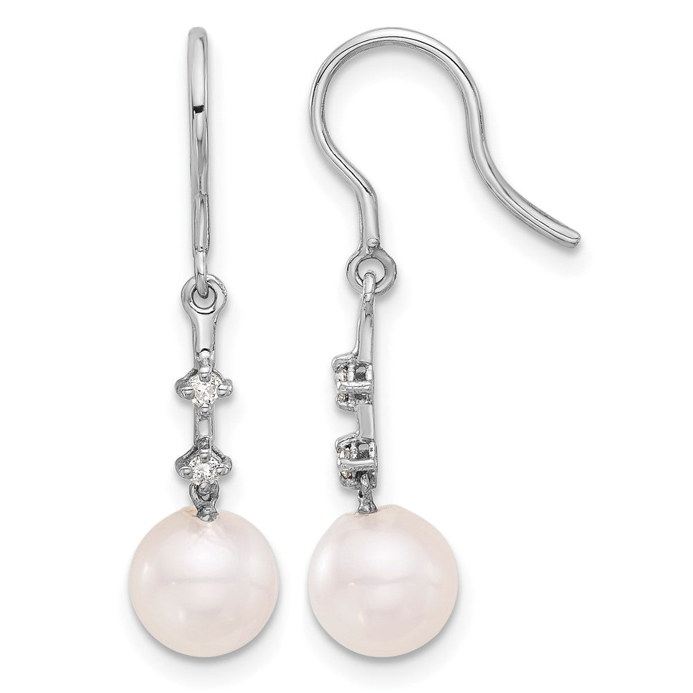 14K White Gold 7-8mm Wht Akoya Pearl .04ct Dia Shepherd Hook Earrings