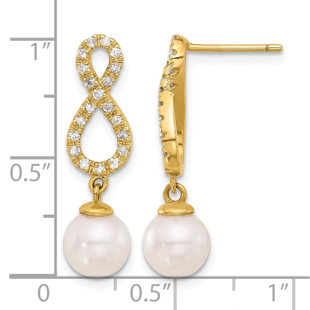 14K 7-8mm Rnd Wht Akoya Pearl and .40ct Dia Infinity Post Dangle Earrings