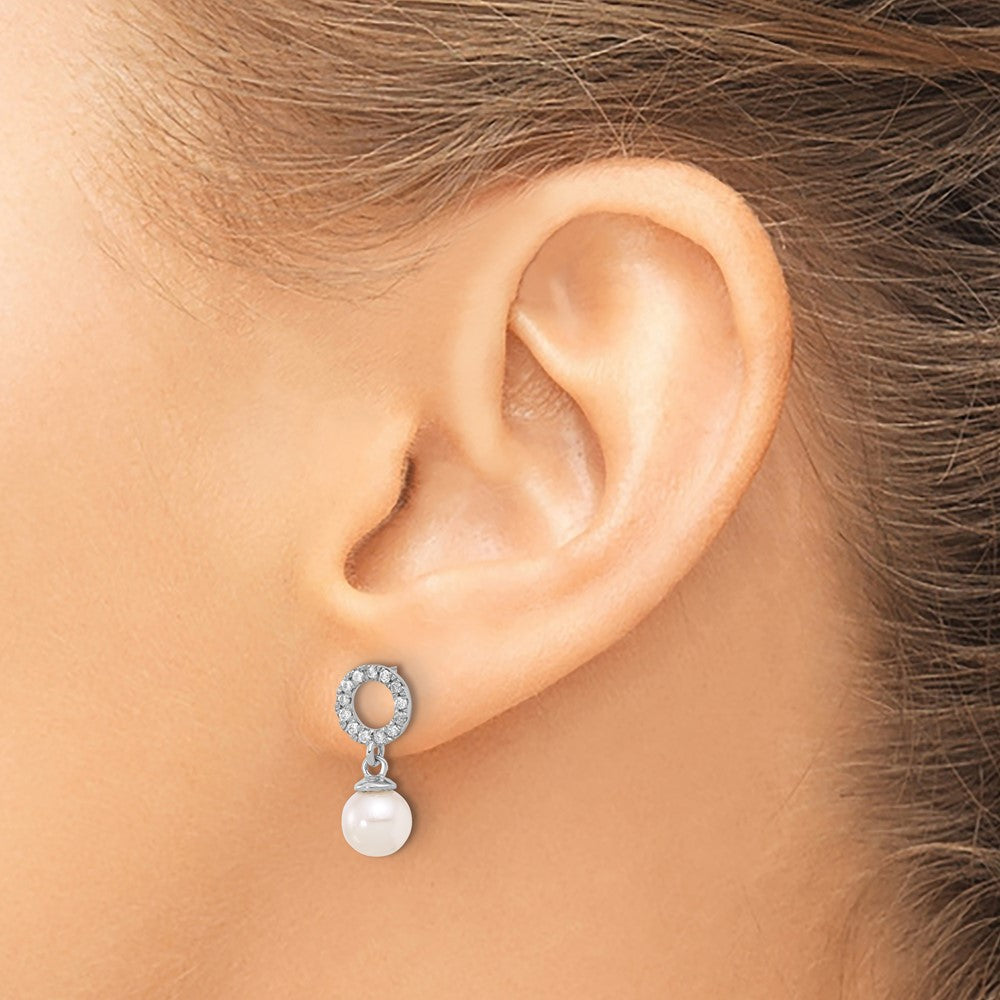 14K White Gold 6-7mm Rnd White Akoya Pearl and .20ct Dia Dangle Earrings