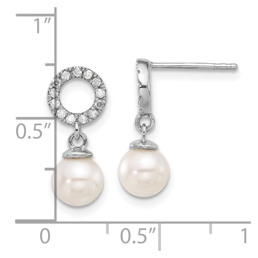 14K White Gold 6-7mm Rnd White Akoya Pearl and .20ct Dia Dangle Earrings