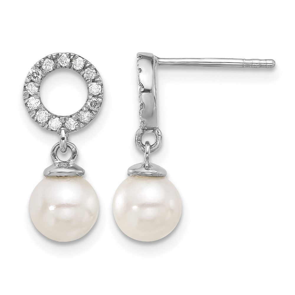 14K White Gold 6-7mm Rnd White Akoya Pearl and .20ct Dia Dangle Earrings