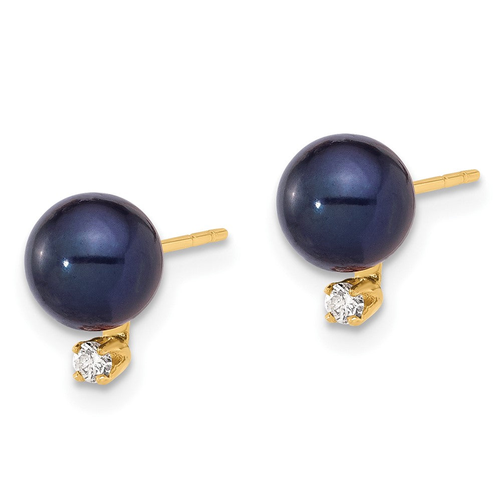 14K 6-7mm Round Black FWC Pearl and .06ct Diamond Post Earrings