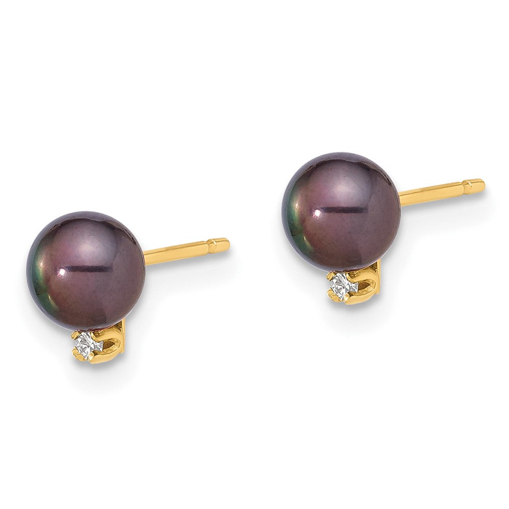 14K 5-6mm Round Black FWC Pearl and .02ct Diamond Post Earrings