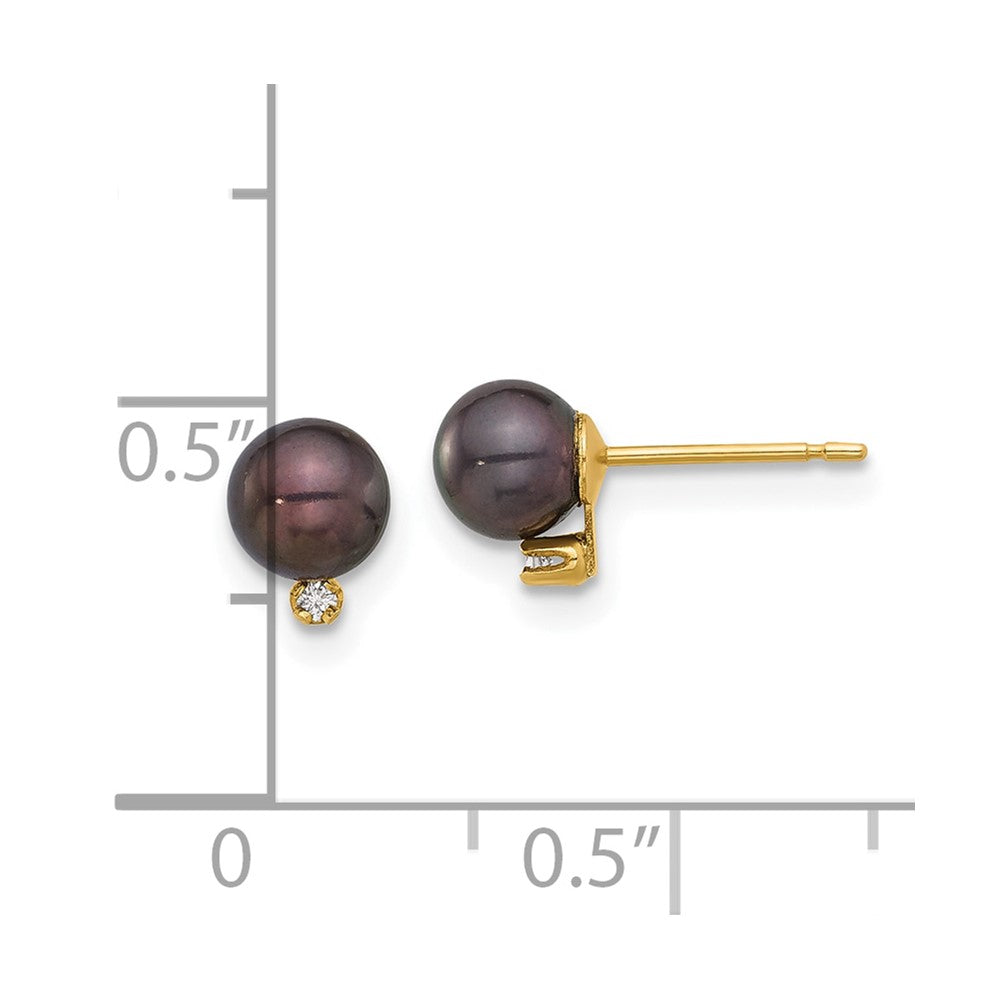 14K 5-6mm Round Black FWC Pearl and .02ct Diamond Post Earrings