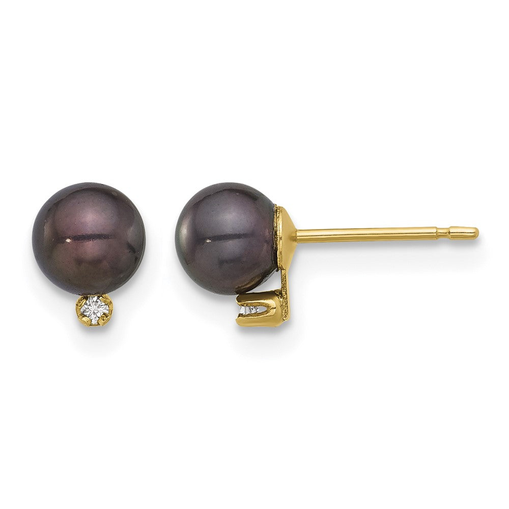 14K 5-6mm Round Black FWC Pearl and .02ct Diamond Post Earrings